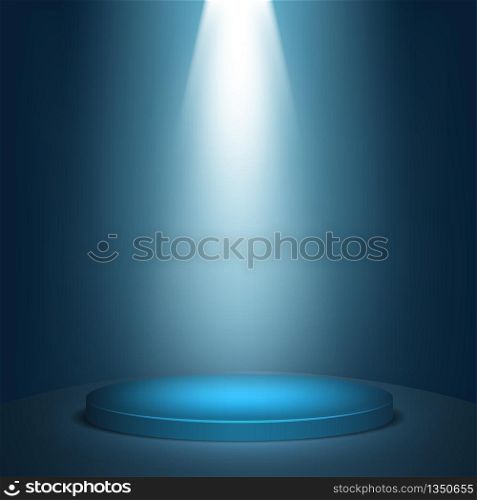 Blue round winner podium background. Stage with studio lights for awards ceremony. spotlights illuminate. Vector illustration.
