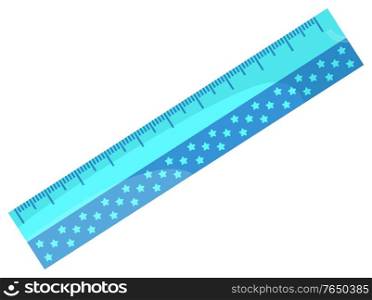 Blue ruler vector, isolated icon of device for measuring flat style object for precision. Item decorated with dots, made of plastic material school supply. Back to school concept. Flat cartoon. Ruler for Maths Lessons, School Supplies Closeup