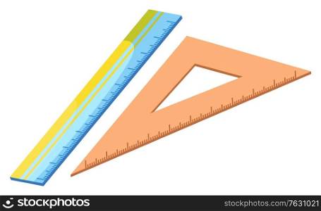 Blue ruler vector, isolated icon of device for measuring object for precision. Triangular ruler. Item decorated with dots, made of plastic material school supply. Back to school concept. Flat cartoon. Ruler for Maths Lessons, School Supplies Closeup
