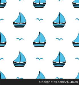 Blue sailing boat with gulls on white background, seamless pattern.