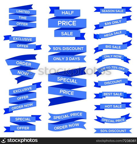 Blue sale ribbons set isolated on white background. Labels of various shapes and forms with text for special price limited time exclusive offer and order now. Element for promotion vector illustration. Blue sale ribbons set isolated on white background. Labels of various shapes and forms with text for special price