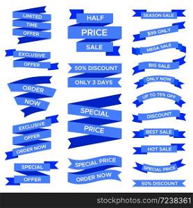 Blue sale ribbons set isolated on white background. Labels of various shapes and forms with text for special price limited time exclusive offer and order now. Element for promotion vector illustration. Blue sale ribbons set isolated on white background. Labels of various shapes and forms with text for special price