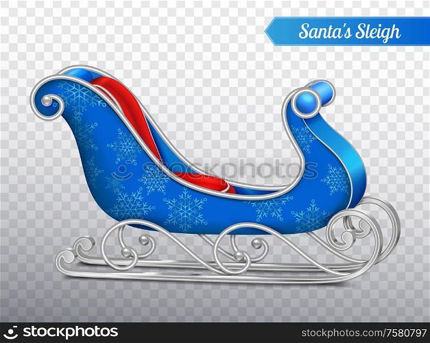 Blue santa sleigh realistic composition with fashionable christmas sled with silver sledge runners on transparent background vector illustration