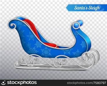 Blue santa sleigh realistic composition with fashionable christmas sled with silver sledge runners on transparent background vector illustration