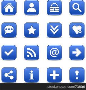 Blue satin icon web button with white basic sign. 16 blue satin icon with white basic sign on rounded square web button with color reflection on background. This vector illustration internet design element save in 8 eps