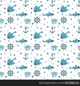 blue sea stingray, crab, anchor and steering wheel on a white background.Vector seamless pattern. For fabric, baby clothes, background, textile, wrapping paper and other decoration.  
