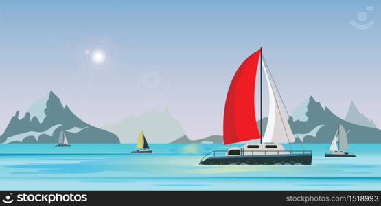 Blue sea view with luxury sailing ship yacht in the sea on lake view background, Yachting active sport, Summer travel and holidays concept vector illustration.