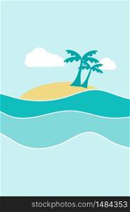Blue sea with island, clouds and coconut palm trees, vector image