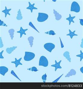 Blue Seam≤ss pattern with starfish, corals, pearls and shells. Vector background with a mari≠theme. Seam≤ss pattern with starfish, corals, pearls and seashells. Vector background with mari≠theme.