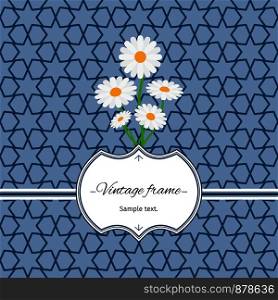 Blue seamless geometric patterns with vintage frame and flowers. Vector illustration. Seamless pattern with frame and flowers