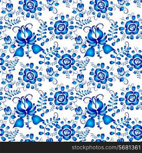 Blue seamless pattern of flowers in Gzhel style on a white background. Vector illustration.