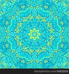 Blue seamless pattern tiles vector abstarct mandala flower turquoise tile. . Can be used for wallpaper, backgrounds, decoration for your design, ceramic, page fill and more.. Indian floral paisley medallion pattern with mandala in handdrawn doodle style