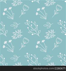 Blue seamless pattern with doodle style plant branches. Background for sewing clothes and printing on fabric.