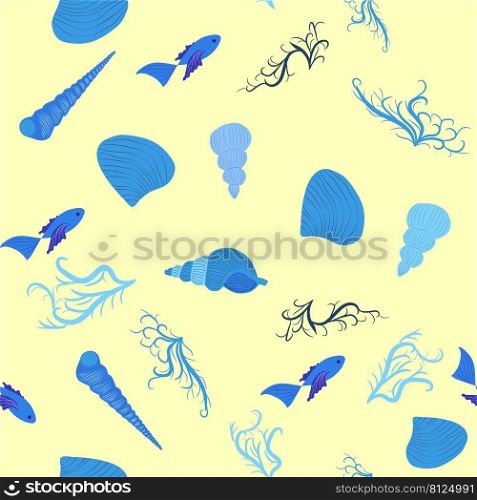 Blue Seamless pattern with starfish, corals, pearls and shells. Vector background with a marine theme. Seamless pattern with starfish, corals, pearls and seashells. Vector background with marine theme.