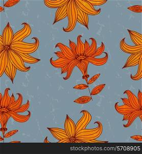 Blue seamless texture with orange lilies. Vector illustration.&#xA;