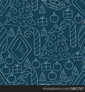 Blue seamless vector pattern with candy cane, Christmas tree decorations. Can be used for fabric, packaging, wrapping paper and etc. Seamless vector pattern. Christmas tree decorations. Pattern in hand draw style