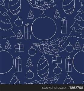 Blue Seamless vector pattern with Christmas tree decorations, gifts. New Year. Can be used for fabric, packaging, wrapping paper, textile and etc. Seamless vector pattern. Christmas tree decorations. Pattern in hand draw style
