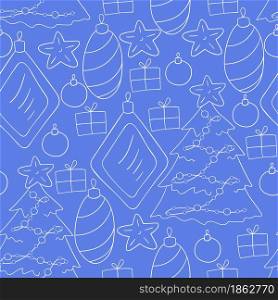 Blue Seamless vector pattern with stars, Christmas tree decorations. Can be used for fabric, packaging, wrapping paper, textile. Seamless vector pattern. Christmas tree decorations. Pattern in hand draw style
