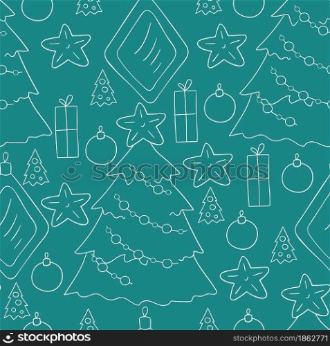 Blue Seamless vector pattern with stars, Christmas tree decorations. Pattern in hand draw style. Can be used for fabric and etc. Seamless vector pattern. Christmas tree decorations. Pattern in hand draw style