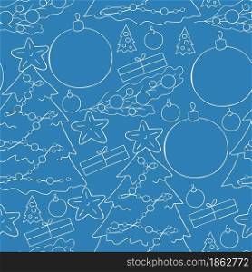 Blue Seamless vector pattern with stars, Christmas tree decorations. Pattern in hand draw style. Can be used for fabric, wrapping and etc. Seamless vector pattern. Christmas tree decorations. Pattern in hand draw style