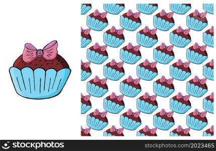 Blue Set of element and seamless pattern. Ideal for children&rsquo;s clothing. Sweet Cupcake, muffin. Cupcake, muffin. Set of element and seamless pattern