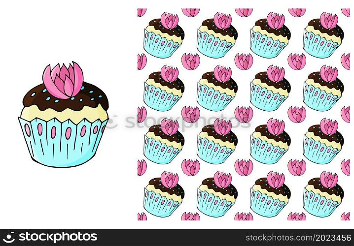 Blue Set of element and seamless pattern. Ideal for children&rsquo;s clothing. Cupcake, muffin. Sweet pastries. Can be used for fabric and etc. Cupcake, muffin. Set of element and seamless pattern