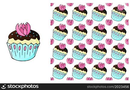 Blue Set of element and seamless pattern. Ideal for children&rsquo;s clothing. Cupcake, muffin. Sweet pastries. Can be used for fabric and etc. Cupcake, muffin. Set of element and seamless pattern