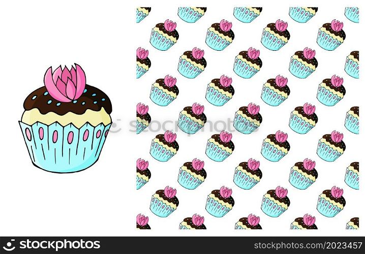 Blue Set of element and seamless pattern. Ideal for children&rsquo;s clothing. Cupcake, muffin. Sweet pastries. Can be used for fabric, wrapping and etc. Cupcake, muffin. Set of element and seamless pattern