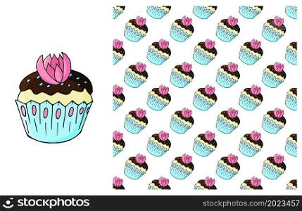 Blue Set of element and seamless pattern. Ideal for children&rsquo;s clothing. Cupcake, muffin. Sweet pastries. Can be used for fabric, wrapping and etc. Cupcake, muffin. Set of element and seamless pattern