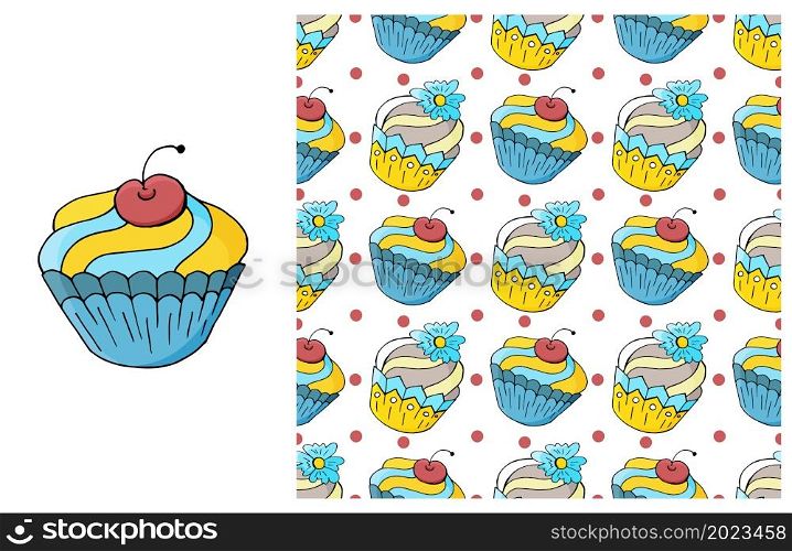 Blue Set of element and seamless pattern. Ideal for children&rsquo;s clothing. Cupcake, muffin. Sweet pastries. Can be used for fabric, wrapping paper and etc. Cupcake, muffin. Set of element and seamless pattern