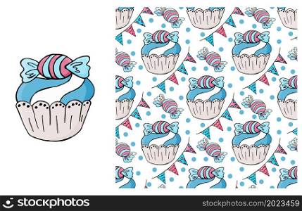 Blue Set of element and seamless pattern. Ideal for children&rsquo;s clothing. Cupcake, muffin. Sweet pastries. Can be used for fabric. Cupcake, muffin. Set of element and seamless pattern