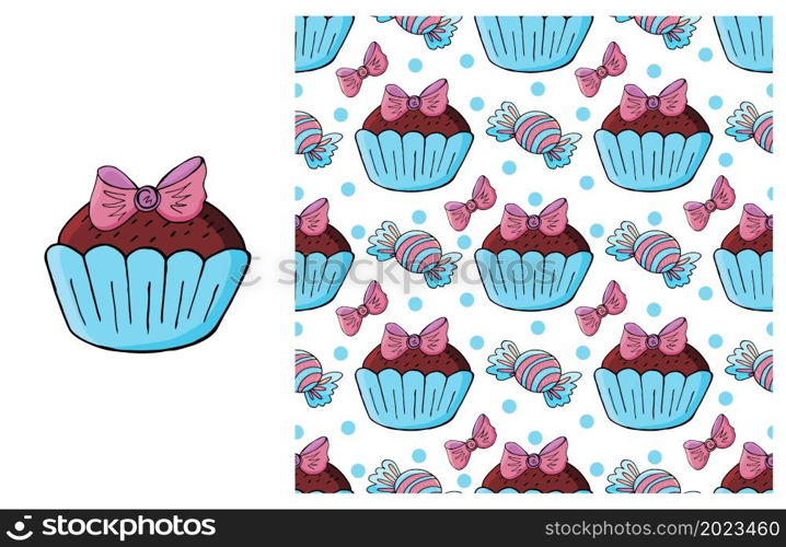 Blue Set of element and seamless pattern. Ideal for children&rsquo;s clothing. Cupcake, muffin. Sweet pastries. Cupcake, muffin. Set of element and seamless pattern