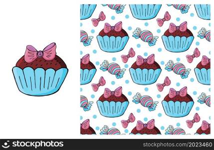 Blue Set of element and seamless pattern. Ideal for children&rsquo;s clothing. Cupcake, muffin. Sweet pastries. Cupcake, muffin. Set of element and seamless pattern