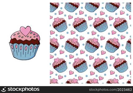Blue Set of element and seamless pattern. Ideal for children&rsquo;s clothing. Cupcake, muffin. Sweet. Cupcake, muffin. Set of element and seamless pattern