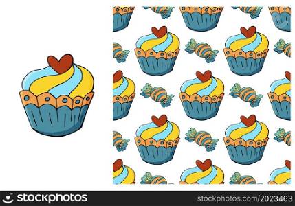 Blue Set of element and seamless pattern. Ideal for children&rsquo;s clothing. Cupcake, muffin. Cupcake, muffin. Set of element and seamless pattern