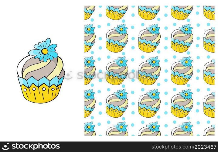 Blue Set of element and seamless pattern. Ideal for children&rsquo;s clothing. Sweet pastries. Cupcake, muffin. Can be used for fabric, packaging, wrapping paper and etc. Cupcake, muffin. Set of element and seamless pattern
