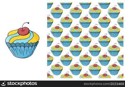 Blue Set of element and seamless pattern. Ideal for children&rsquo;s clothing. Sweet pastries. Cupcake, muffin. Can be used for fabric, wrapping and etc. Cupcake, muffin. Set of element and seamless pattern