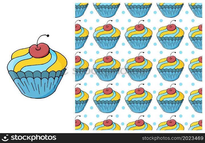 Blue Set of element and seamless pattern. Ideal for children&rsquo;s clothing. Sweet pastries. Cupcake, muffin. Can be used for fabric, wrapping paper and etc. Cupcake, muffin. Set of element and seamless pattern