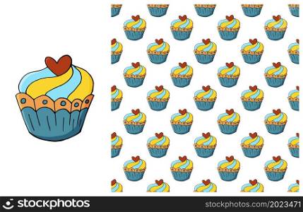 Blue Set of element and seamless pattern. Ideal for children&rsquo;s clothing. Sweet pastries. Cupcake, muffin. Can be used for fabric. Cupcake, muffin. Set of element and seamless pattern