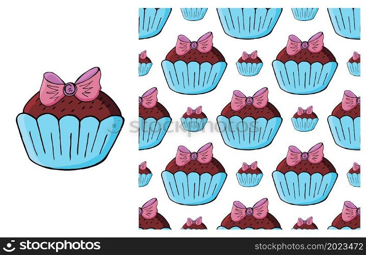 Blue Set of element and seamless pattern. Ideal for children&rsquo;s clothing. Sweet pastries. Cupcake, muffin. Cupcake, muffin. Set of element and seamless pattern