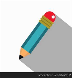 Blue sharpened pencil with eraser icon. Flat illustration of blue sharpened pencil with eraser vector icon for web isolated on white background. Blue sharpened pencil with eraser icon, flat style