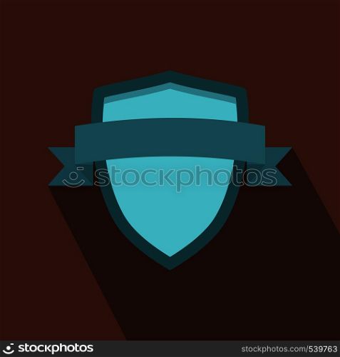 Blue shield with ribbon icon in flat style on a light brown background. Blue shield with ribbon icon, flat style