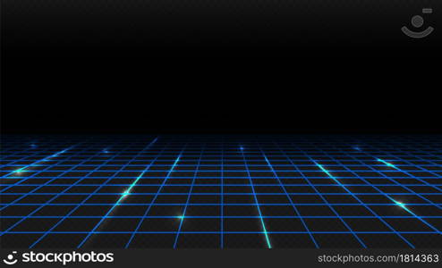 Blue shine perspective grid. Digital template, square lighting abstract data science or architectural landscape vector background. Illustration blue square lighting, abstract architectural effect grid. Blue shine perspective grid. Digital template, square lighting abstract data science or architectural landscape vector background