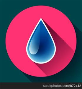Blue shiny water drop with shadow. Flat design style. Blue shiny water drop icon. Flat design style