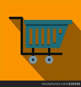 Blue shopping trolley icon. Flat illustration of blue shopping trolley vector icon for web isolated on yellow background. Blue shopping trolley icon, flat style