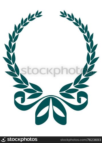 Blue silhouette of a circular foliate laurel wreath with a decorative ribbon enclosing blank copyspace, isolated on white