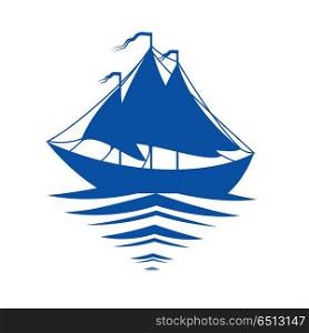 Blue silhouette of a sailboat isolated on a white background. Eps 10. Silhouette of a sailboat on a white background