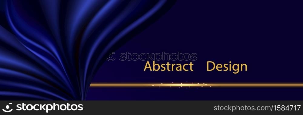 Blue silk luxury background. Deep blue satin fabric texture with curtain drapery and golden glowing border line. Luxurious abstract backdrop for banner or poster. Vector illustration