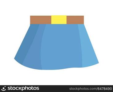Blue Skirt with Brown Belt on White Background. Minimalistic vector illustration depicting blue-colored skirt for girls with brown belt and golden badge from it isolated on white background.