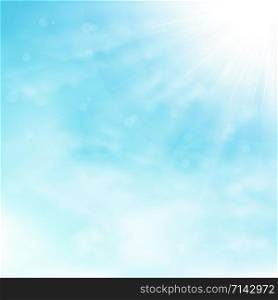 Blue sky and clouds with sun burst and rays background. illustration vector eps10